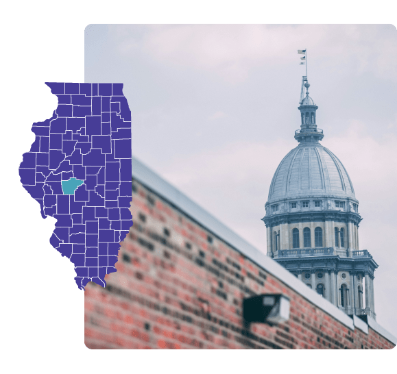 Map of Illinois highlighting Sangamon county with image of Springfield county capital building